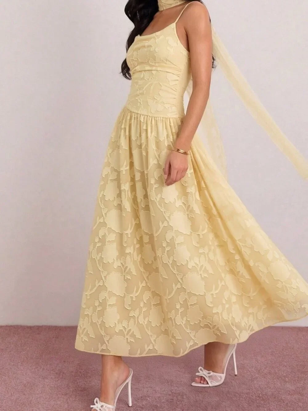 Yellow Elegant Women's French Sleeveless Off-Shoulder Cinched Waist Long Dress